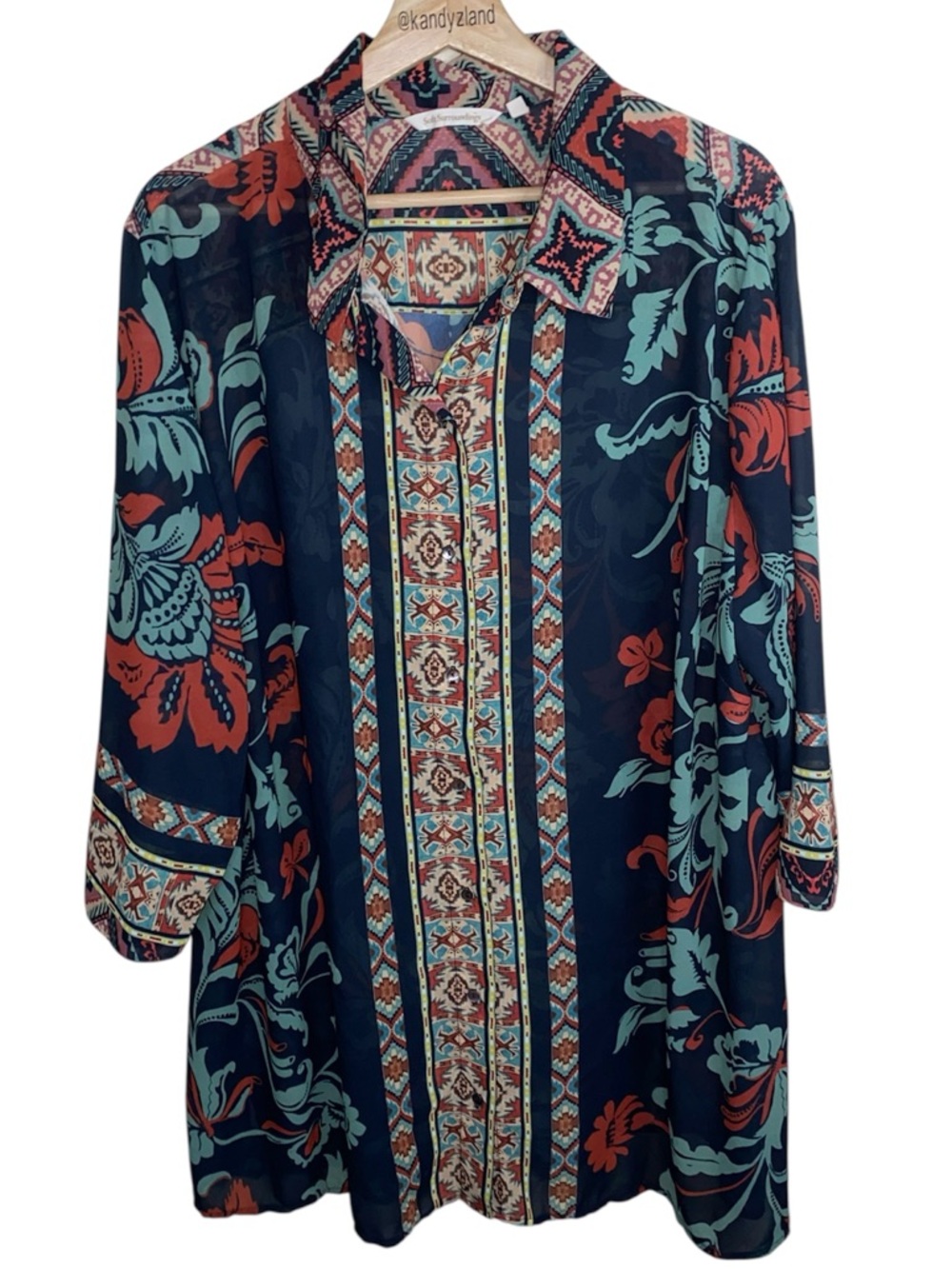 SOFT SURROUNDINGS Black Tribal iKat Print Button Up Tunic Top/ Topper/ Cover Up